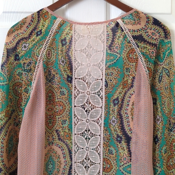 Meadow Rue Anthropologie Giada Crochet Lace & Bohemian Printed Peasant Blouse M - Picture 10 of 11